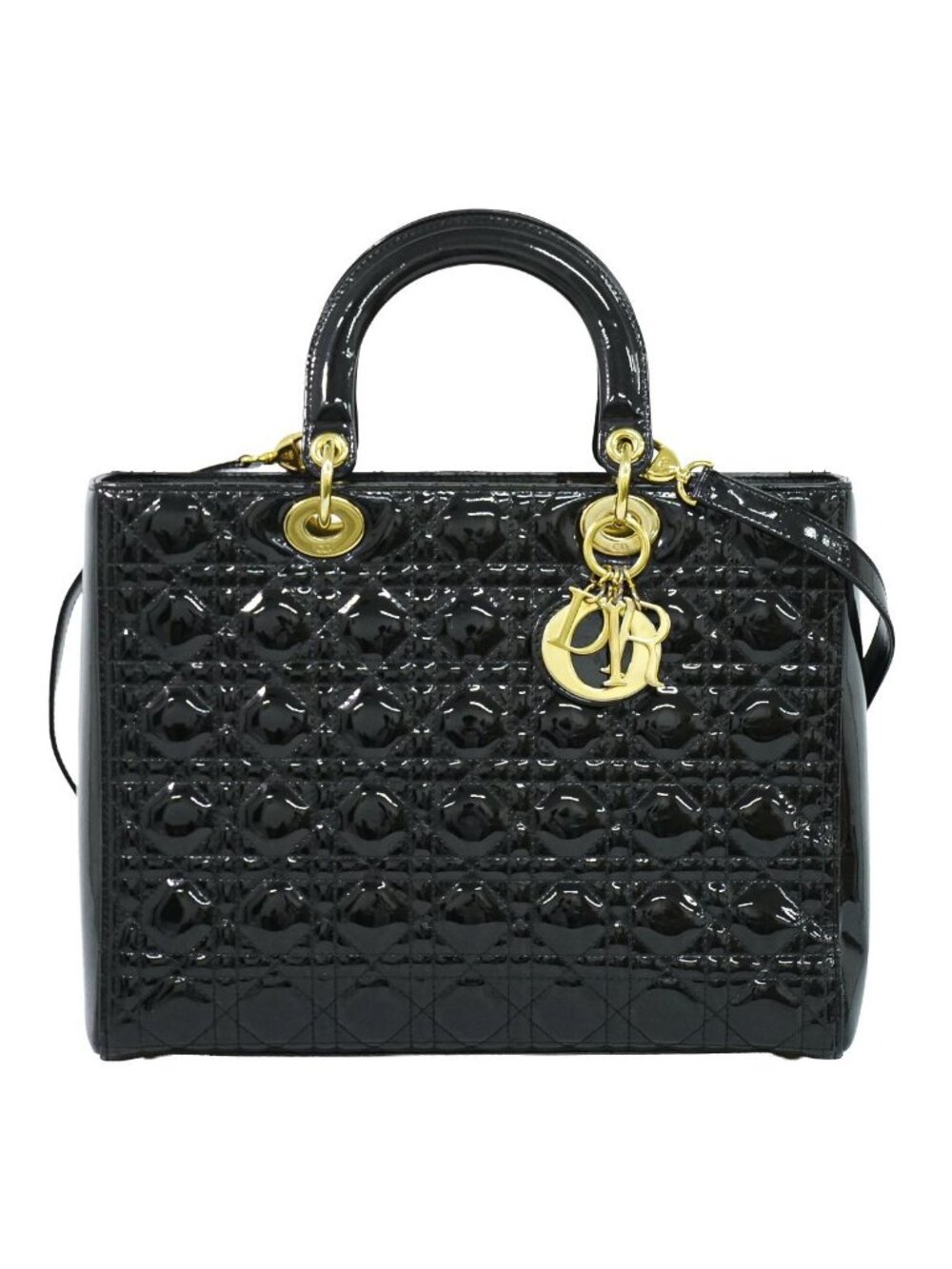 Dior Lady Cannage 2-Way Shoulder Bag Patent Leather Black